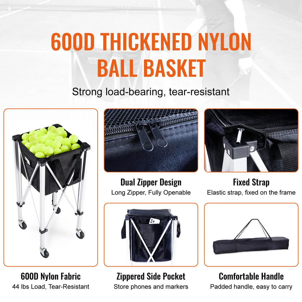 SucceBuy Foldable Tennis /Pickle Ball Cart Holds 150/180 Tennis Balls Basket Hopper with Wheels for Sports Teaching Baseball Trolley