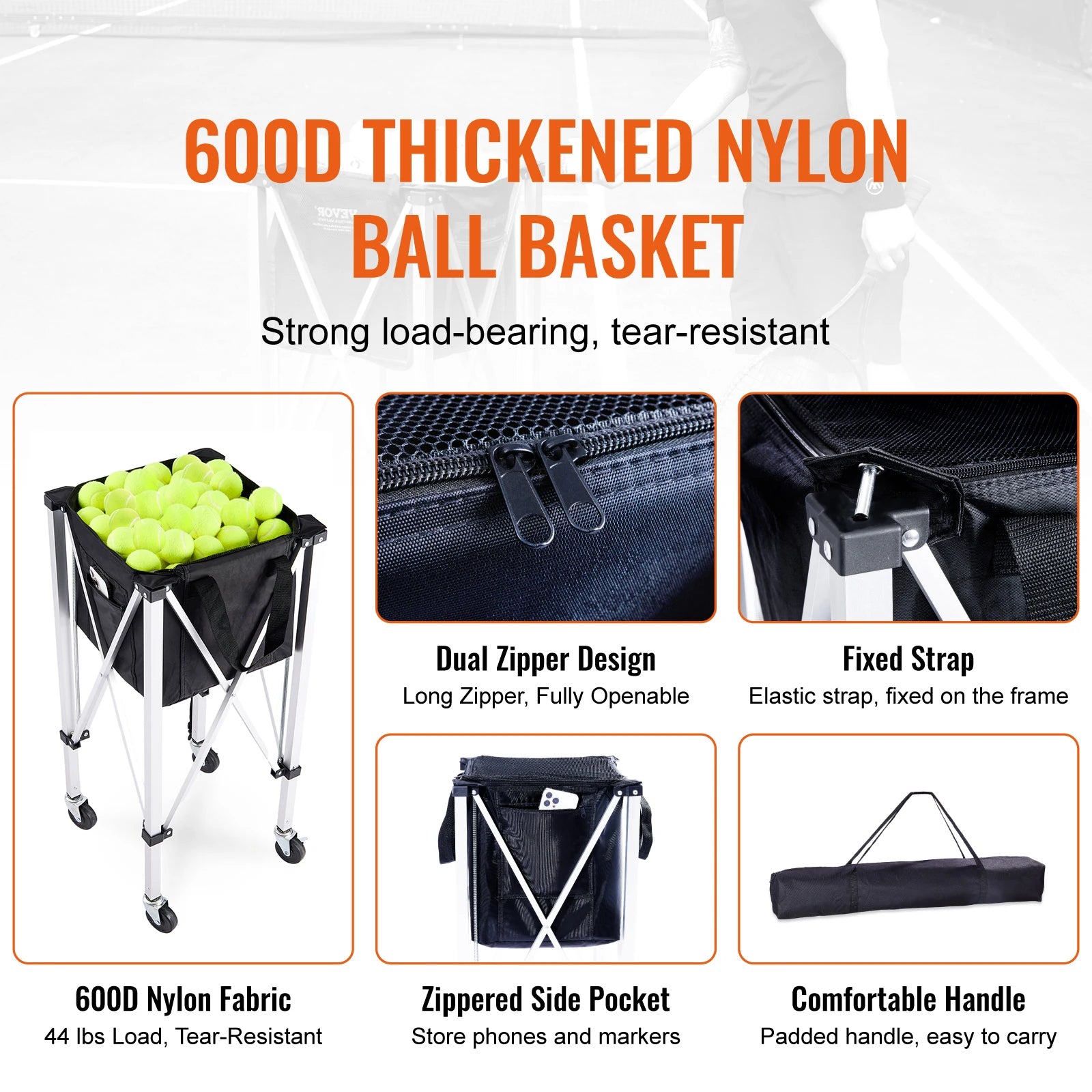 SucceBuy Foldable Tennis /Pickle Ball Cart Holds 150/180 Tennis Balls Basket Hopper with Wheels for Sports Teaching Baseball Trolley