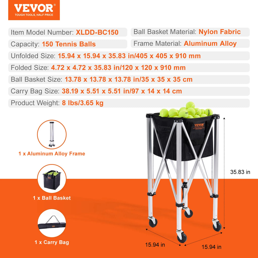 SucceBuy Foldable Tennis /Pickle Ball Cart Holds 150/180 Tennis Balls Basket Hopper with Wheels for Sports Teaching Baseball Trolley