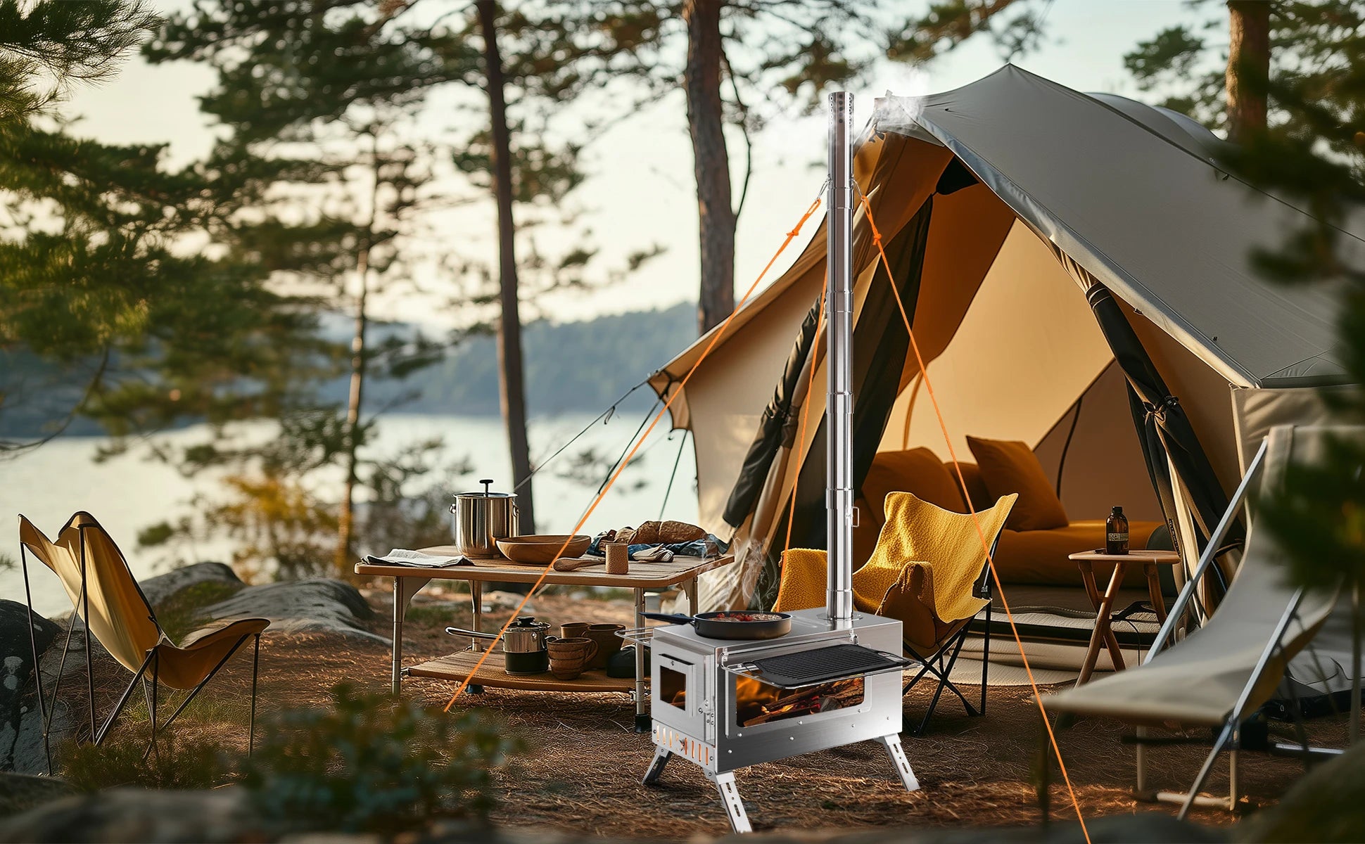 Portable Tent Wood Burning Stove with 6 Stainless Chimney Pipes for Outdoor Heating & Cooking