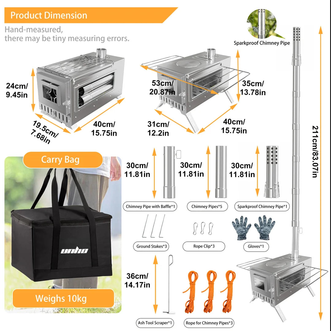 Portable Tent Wood Burning Stove with 6 Stainless Chimney Pipes for Outdoor Heating & Cooking