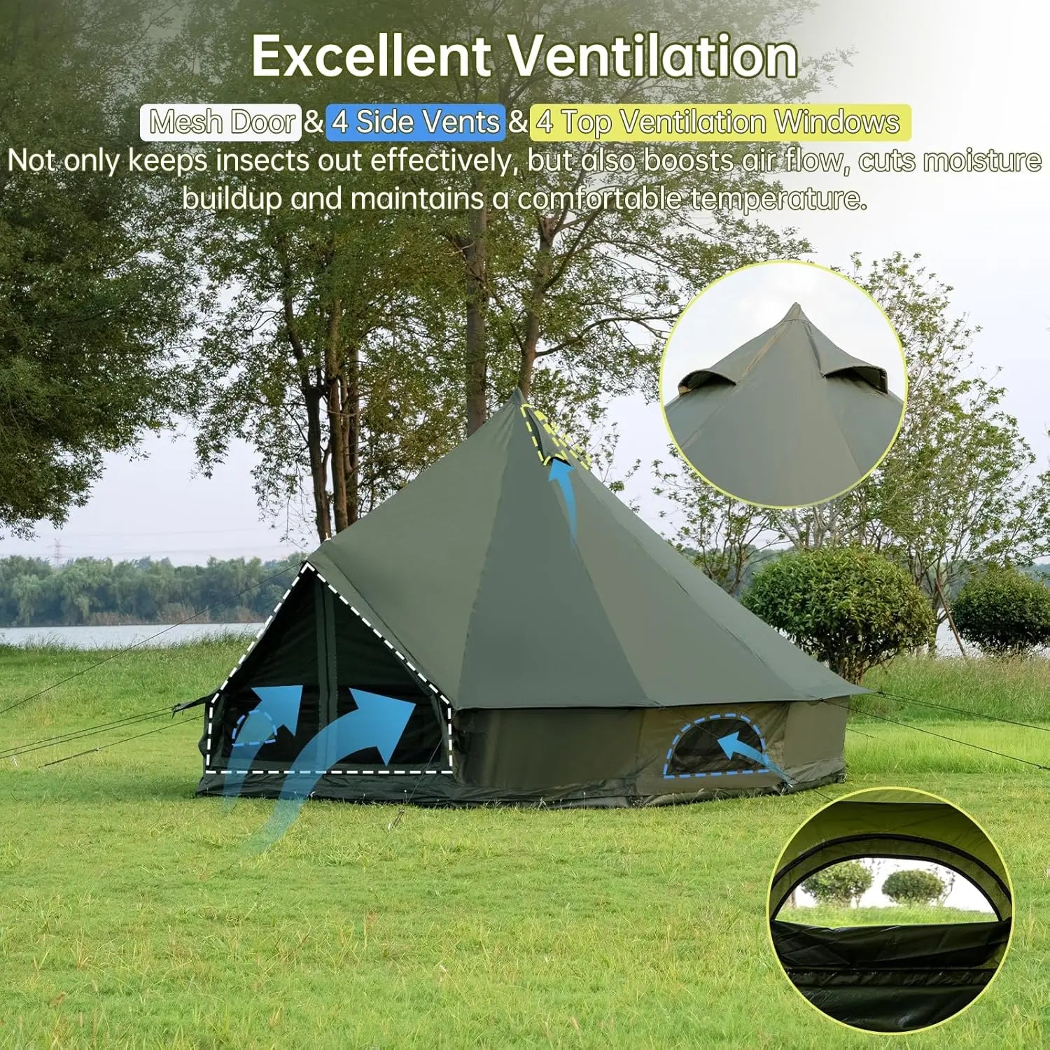 Family Camping Oxford Bell Tent, Oxford Material, Brown Color, Spacious, 4 Season, Stove Jack