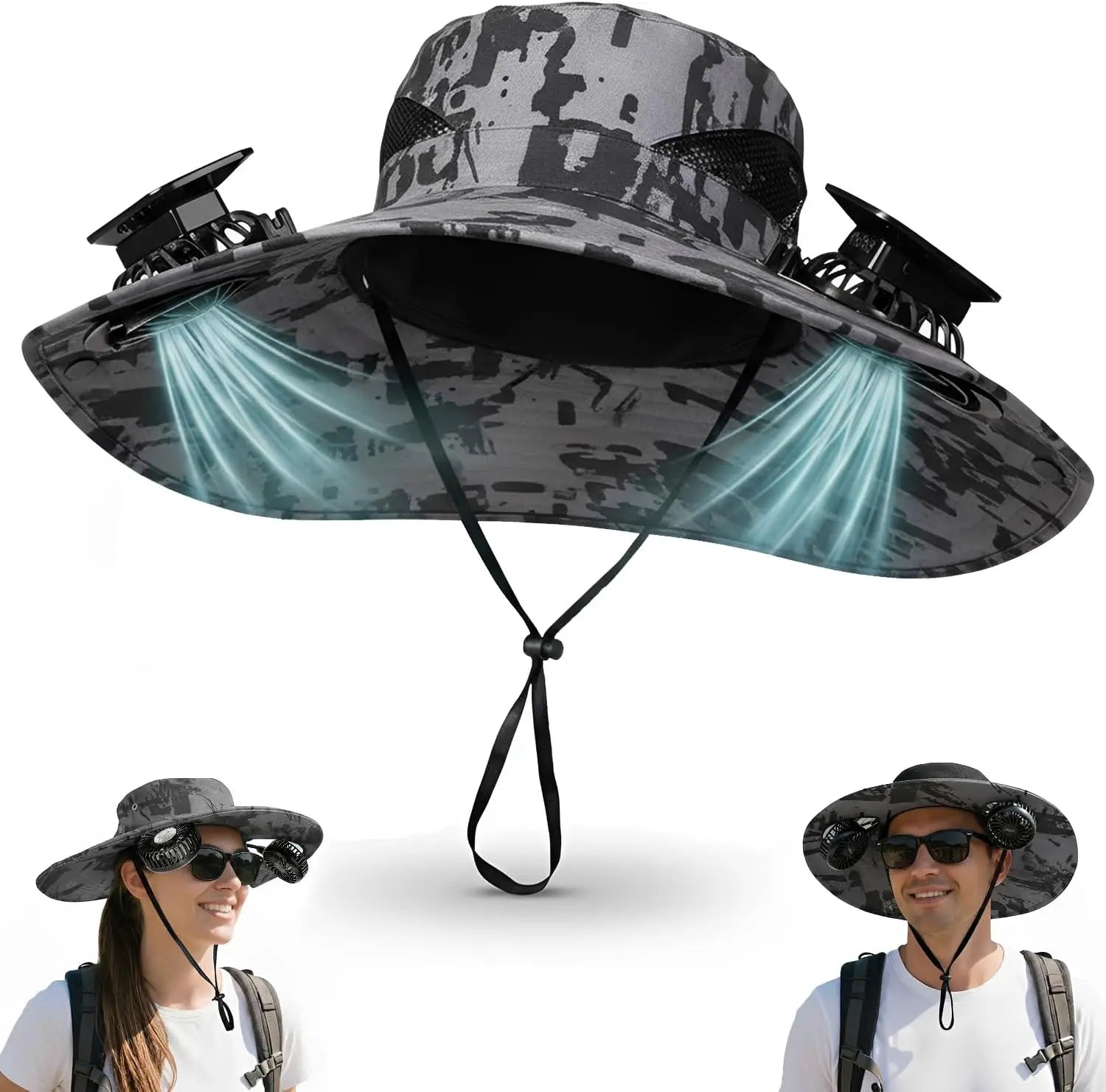 Hands Free Solar Fan Sun Hat UPF 50+ Wide Brim Breathable Windproof Adjustable Bucket Hat For Fishing Camping Hiking Beach Summer Safari Gardening