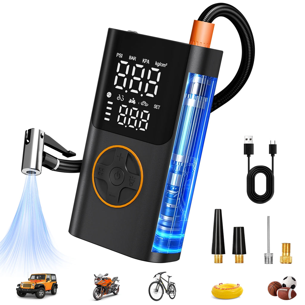 Portable Air Pump Set with Power Bank, 150PSI Tire Inflator Kit for SUV Motorcycle Bike, LED Light & Storage Bag