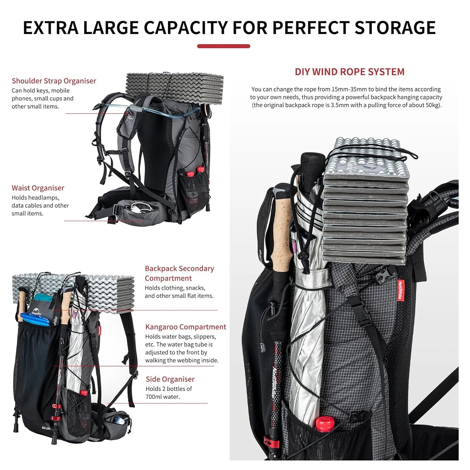 Naturehike Outdoor Mountain Backpack 60+5L Waterproof High Capacity Sports Climbing Hiking Travel Bag With Rain Cover