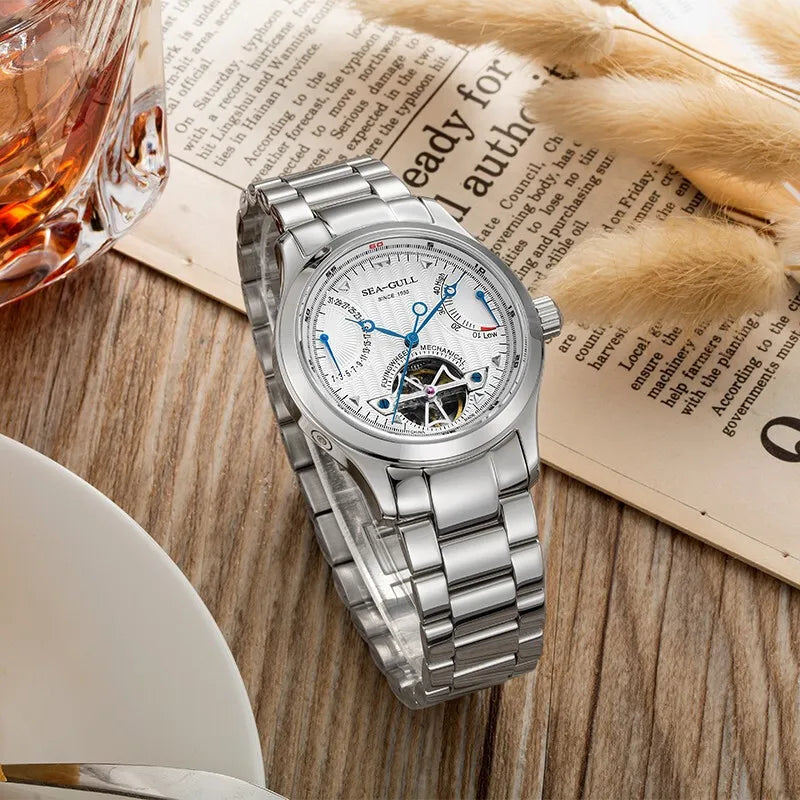 2025 Seagull Men's Automatic Mechanical Watch Multifunction Dial Calendar Sapphire Steel Band Men's Wristwatch M163S