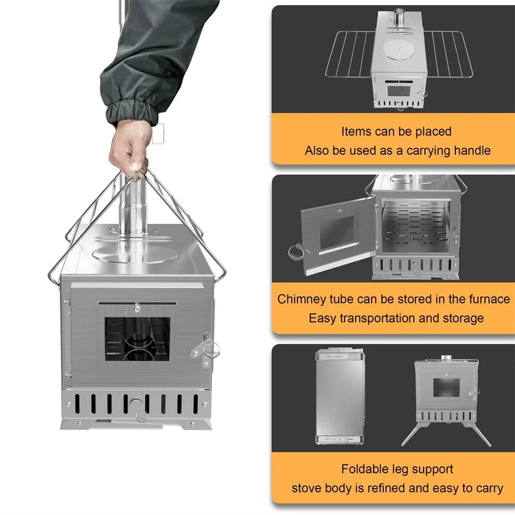 Portable Tent Wood Burning Stove with 6 Stainless Chimney Pipes for Outdoor Heating & Cooking