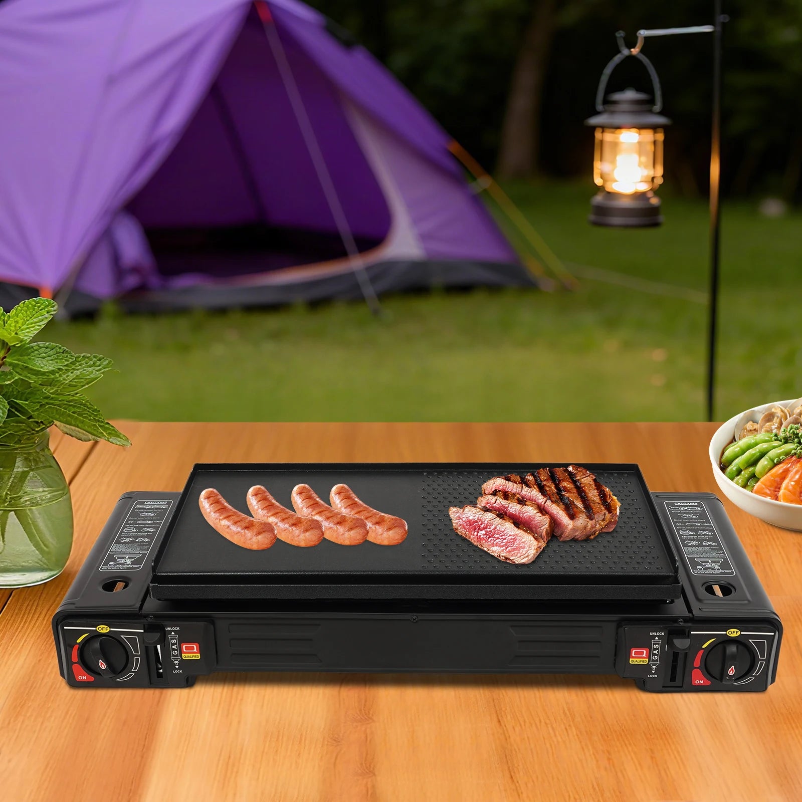 2in1 2-Burner Portable Camping Stove Kit w/Baking Pan Carrying Case, Auto Ignition LPG