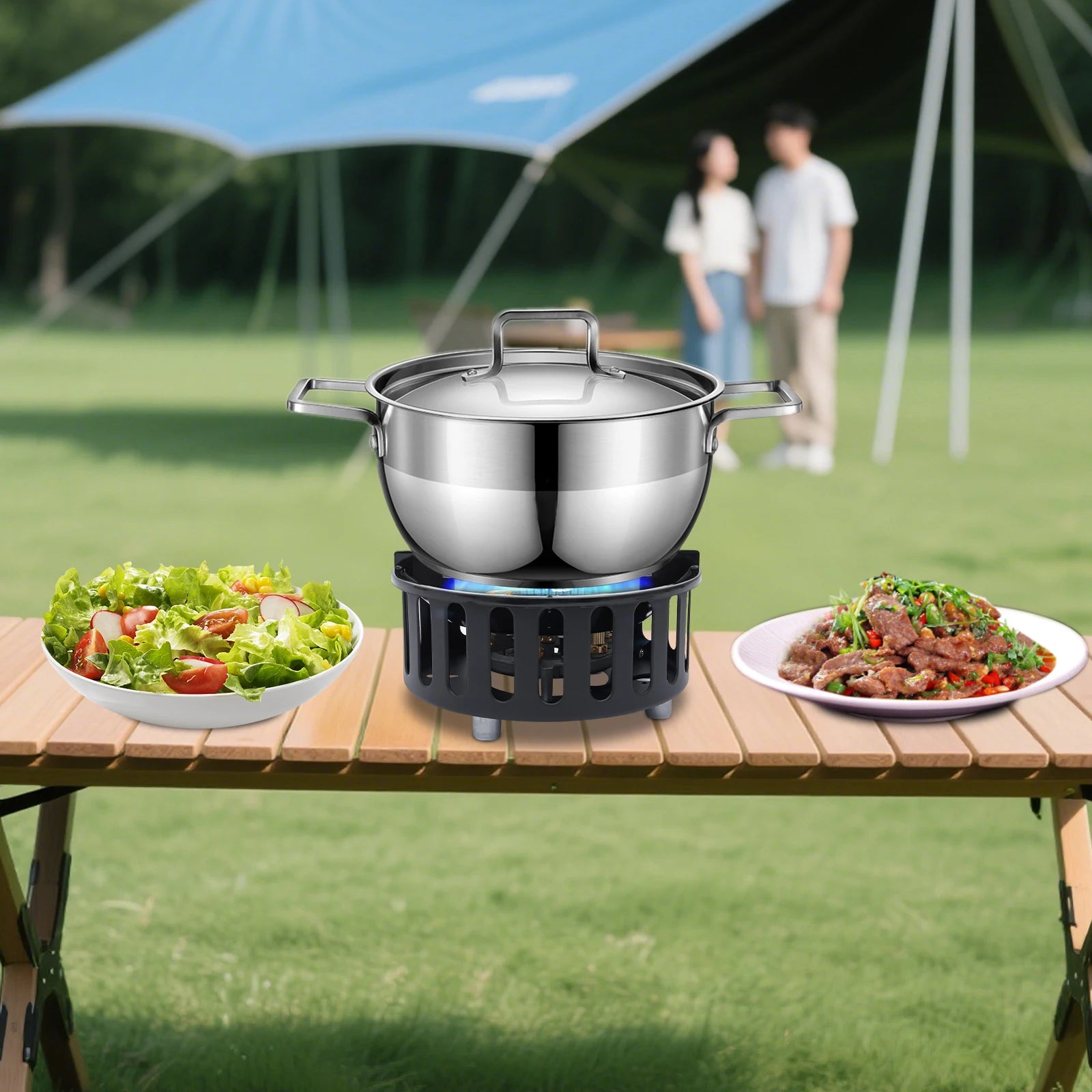 Cold-Rolled Steel Portable Camping Stove, 72000BTU 3-Adapter Gas Cooker, Windproof Design