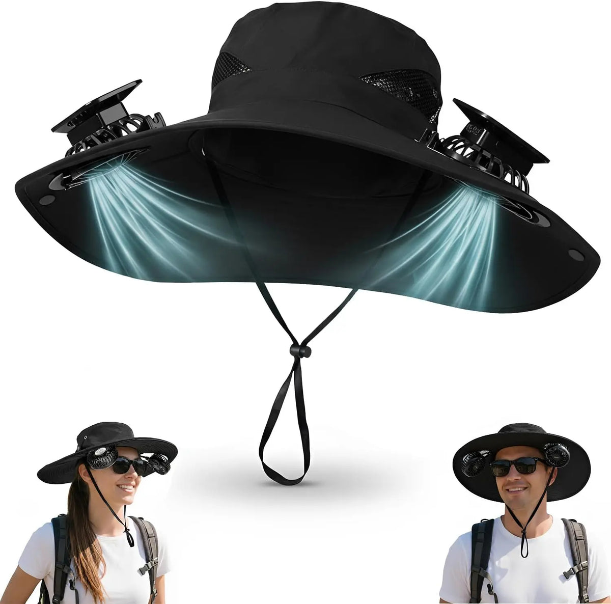 Hands Free Solar Fan Sun Hat UPF 50+ Wide Brim Breathable Windproof Adjustable Bucket Hat For Fishing Camping Hiking Beach Summer Safari Gardening