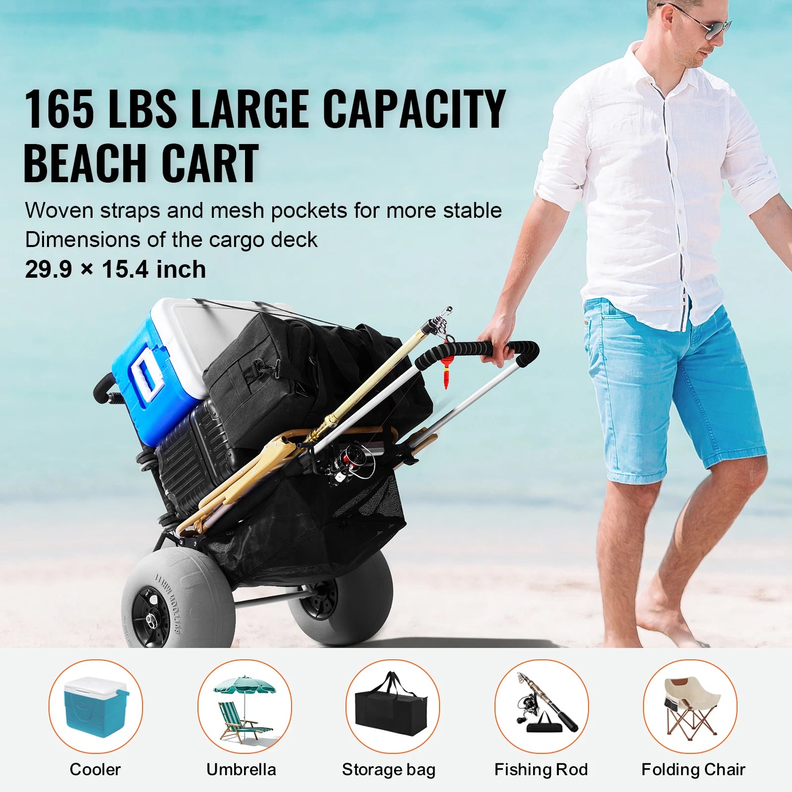 SucceBuy Beach Dolly with Big Wheels for Beach Sand 165LBS Capacity Folding Sand Cart with Cargo Deck