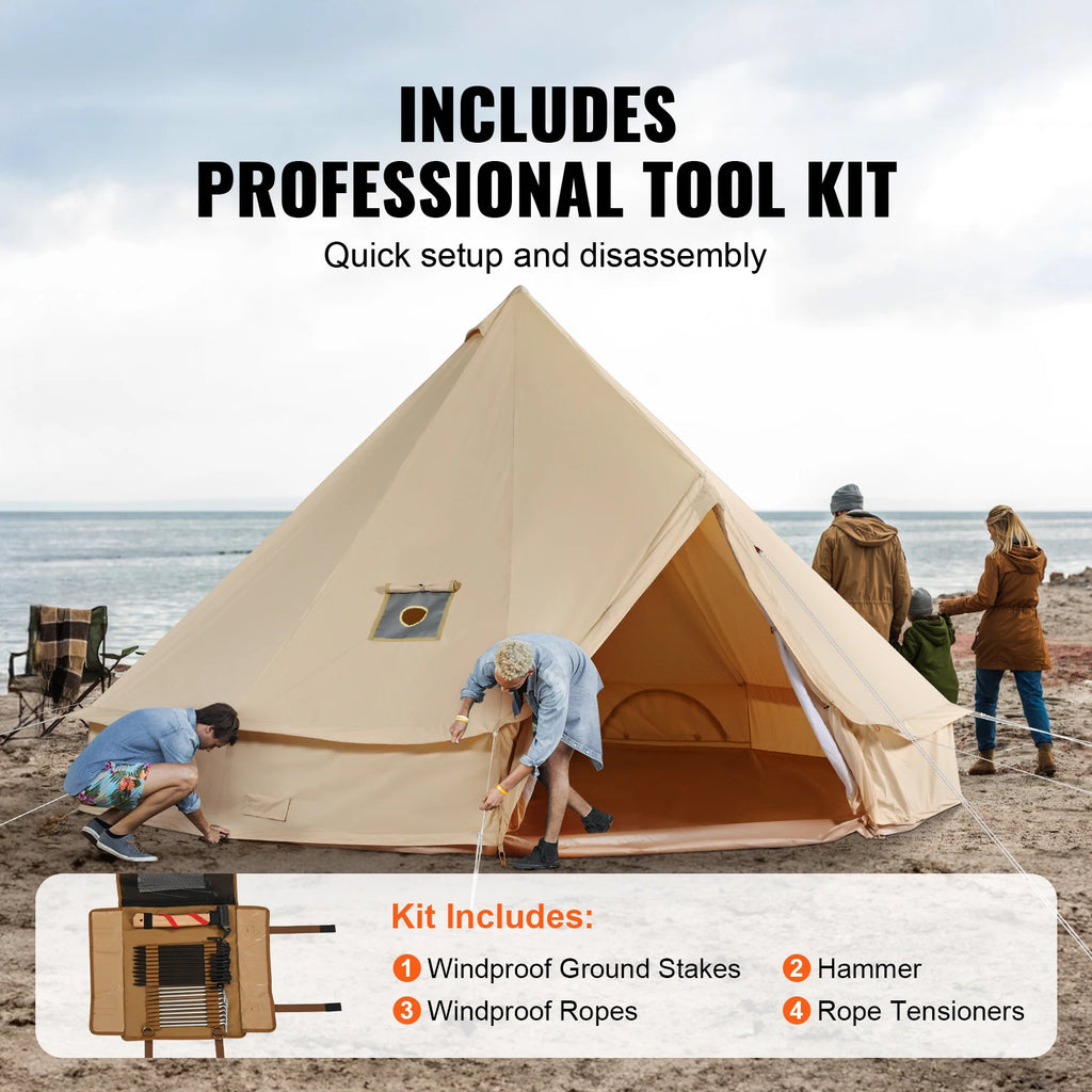 SucceBuy Canvas Bell Tent 4 Seasons 3/4/5/7m Yurt Tent Canvas Tent for Camping with Stove Breathable Tent Holds up to 8People