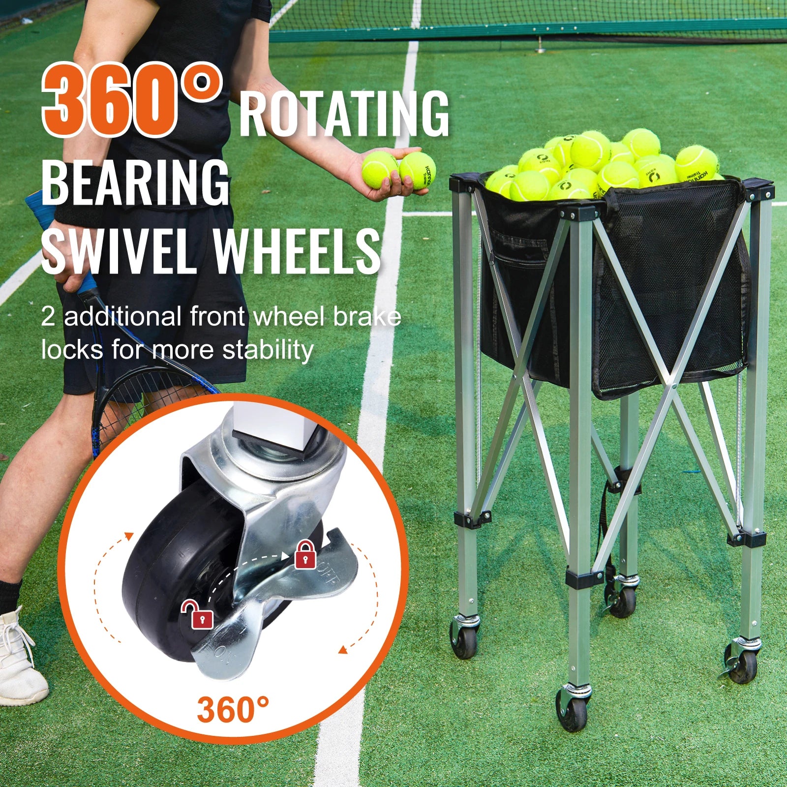 SucceBuy Foldable Tennis /Pickle Ball Cart Holds 150/180 Tennis Balls Basket Hopper with Wheels for Sports Teaching Baseball Trolley