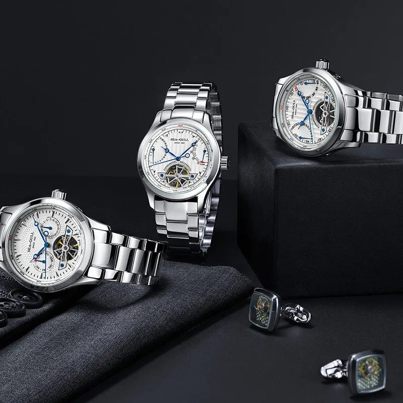 2025 Seagull Men's Automatic Mechanical Watch Multifunction Dial Calendar Sapphire Steel Band Men's Wristwatch M163S