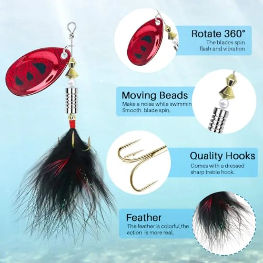 10pcs Spinner Lures Baits with Tackle Box, Bass Trout Salmon Hard Metal Rooster Tail Fishing Lures Kit